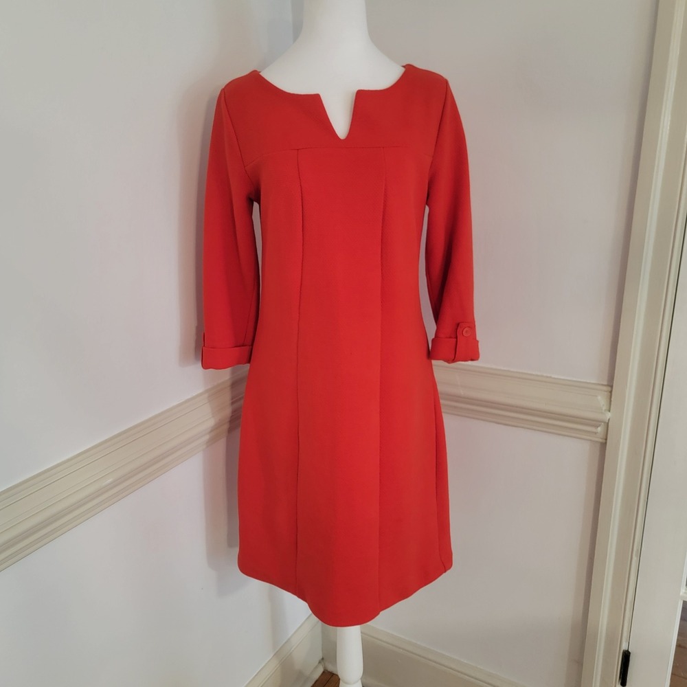 Boden Textured Shift Dress Coral‎ Red 3/4 Sleeve Mod Preppy Classic Women's US 8 - Picture 2 of 11